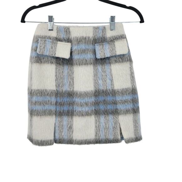 Versona Wool Blend Blue White Plaid Fuzzy Mini Skirt Sz 0 Old Money Soft Girl - Picture 9 of 9